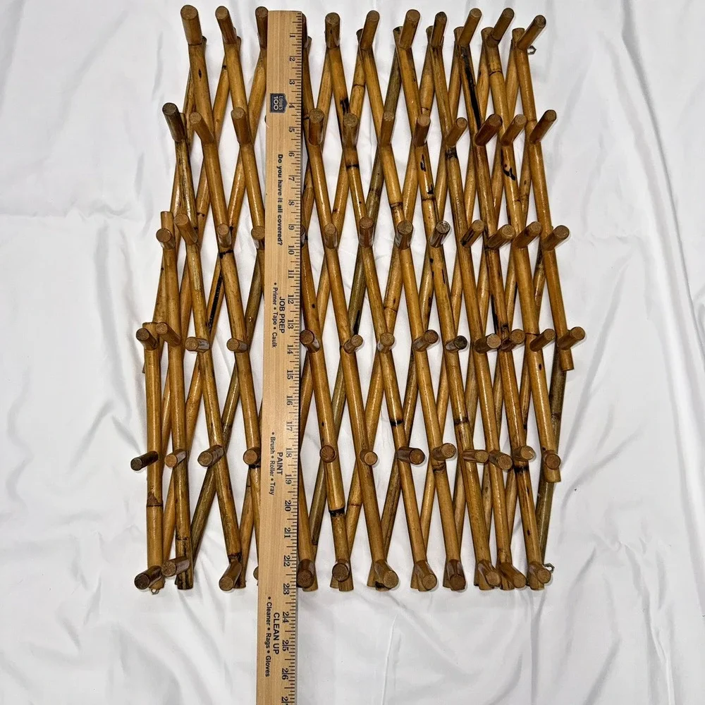 Vintage Bamboo 75 Pegs Wood Accordion Wall Peg Rack Hanging Display Large